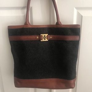 Tory Butch grey flannel and leather handbag